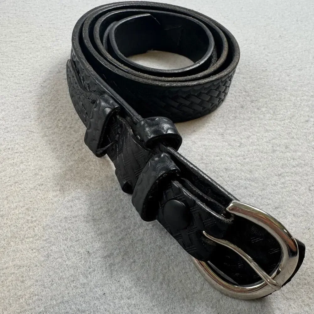 Bostonian Leather Belt Mens 42 Black Basketweave Double Strap Overlay USA